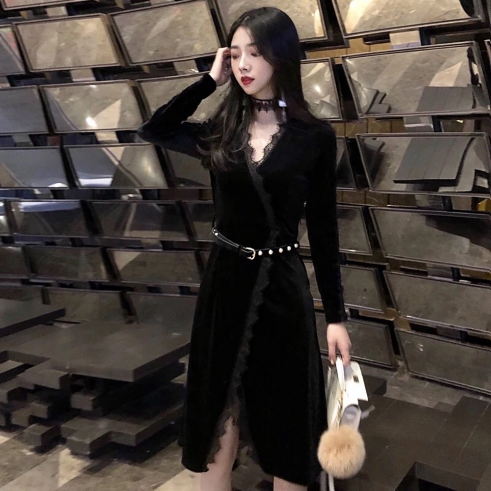 Black velvet v neck dress with lace